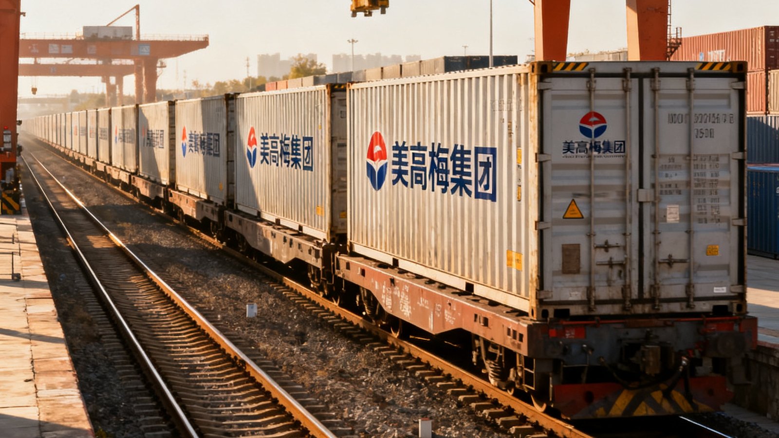 一列满载电子产品的中欧班列从西安国际港站出发，美高梅集团的集装箱在列车上整齐排列，将通过霍尔果斯口岸进入哈萨克斯坦，驶向波兰马拉舍维奇。