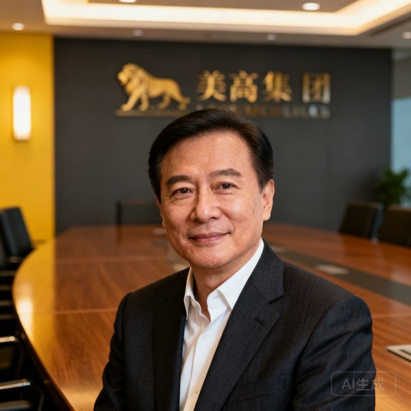 美高梅集团创始人兼CEO陈远舟的半身肖像照，他身着深色西装，背景是集团总部的会议室，眼神坚定而温和，展现了企业家的沉稳气质。